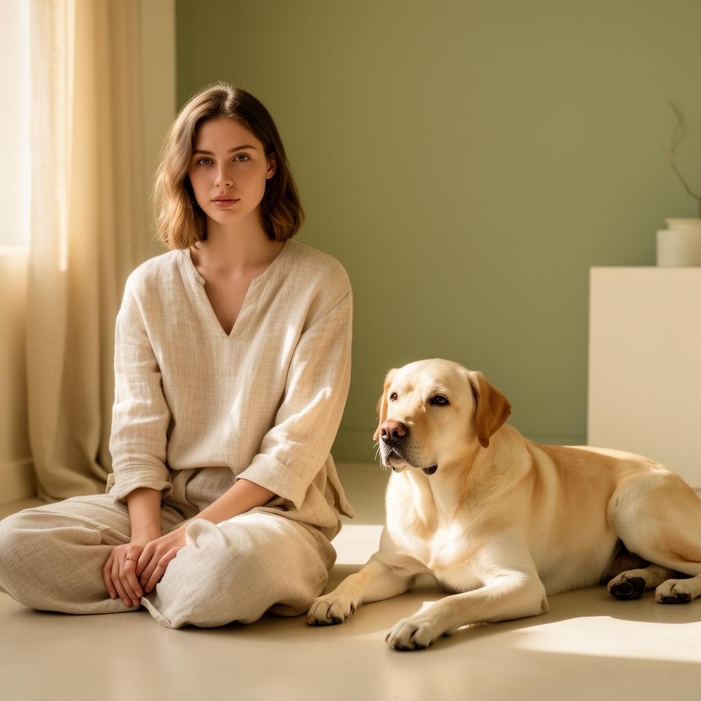 Molly seated calmly beside her Labrador